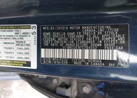 2007 Toyota Corolla S z USA, uszkodzony, nr VIN 2T1BR32E97C764552